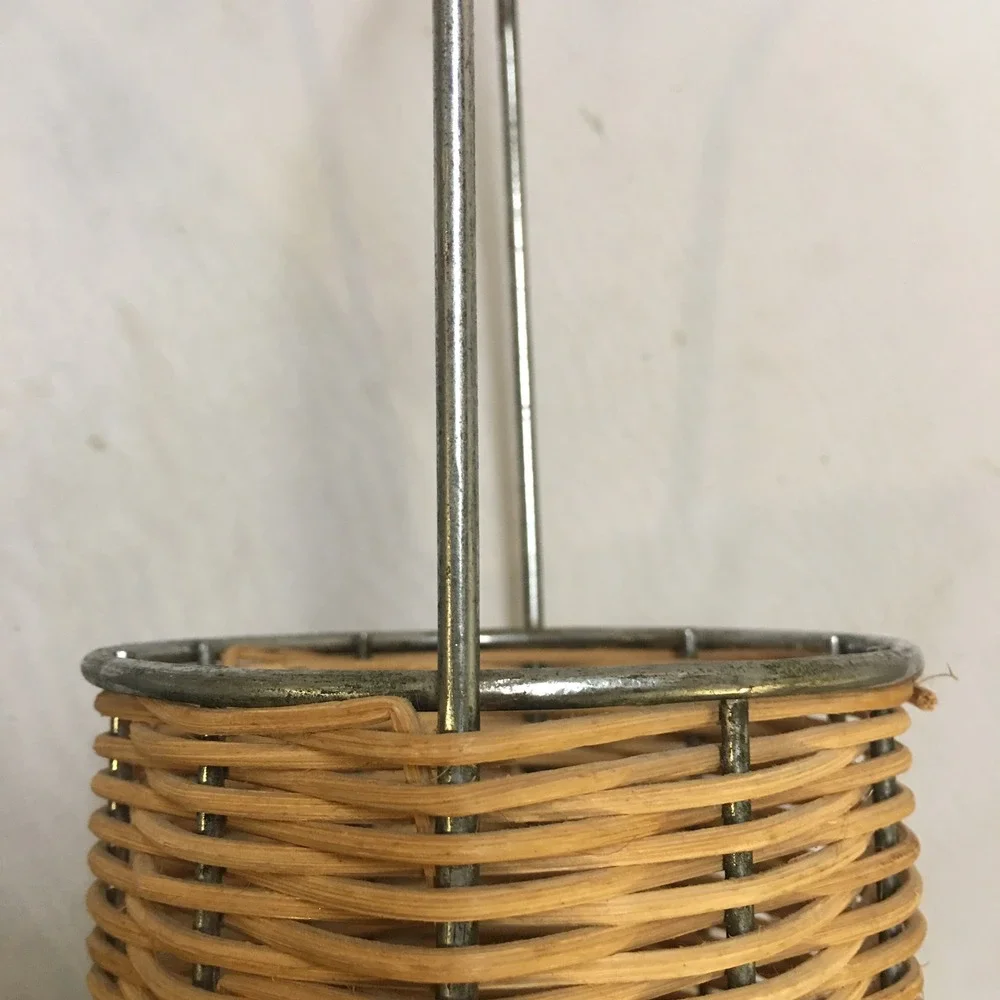 Woven Wicker Wine Bottle Holder Tan Metal Frame Arched Handle Utensil Rustic